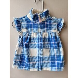 Baby Girls 6 months Carters Fleece Blue Pink White Plaid Ruffle Vest Full Zip